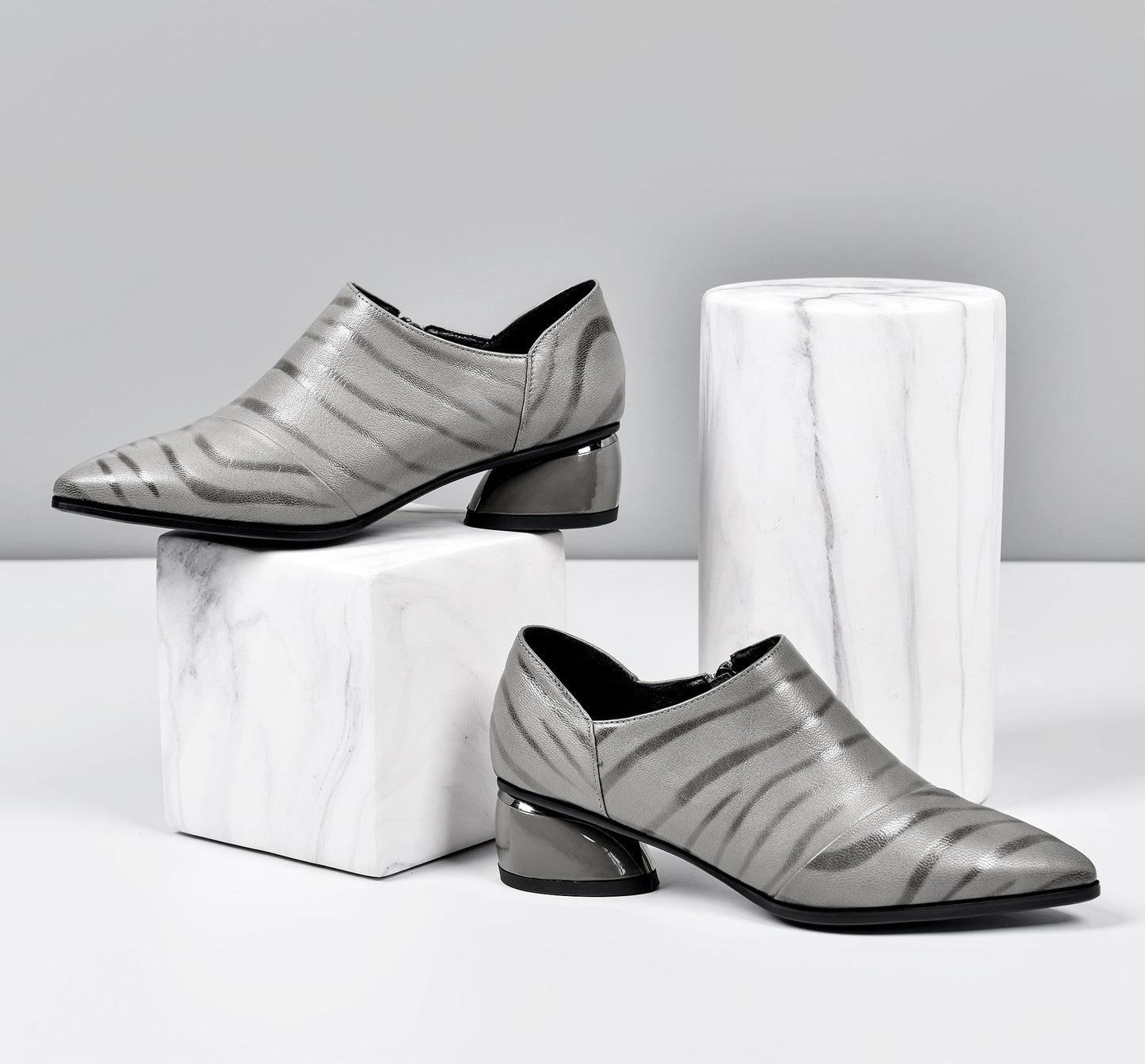 Nine Seven Women's Printed Genuine Leather Handmade Pointed Toe Side Zipper Casual Pumps Shoes with Low Heels