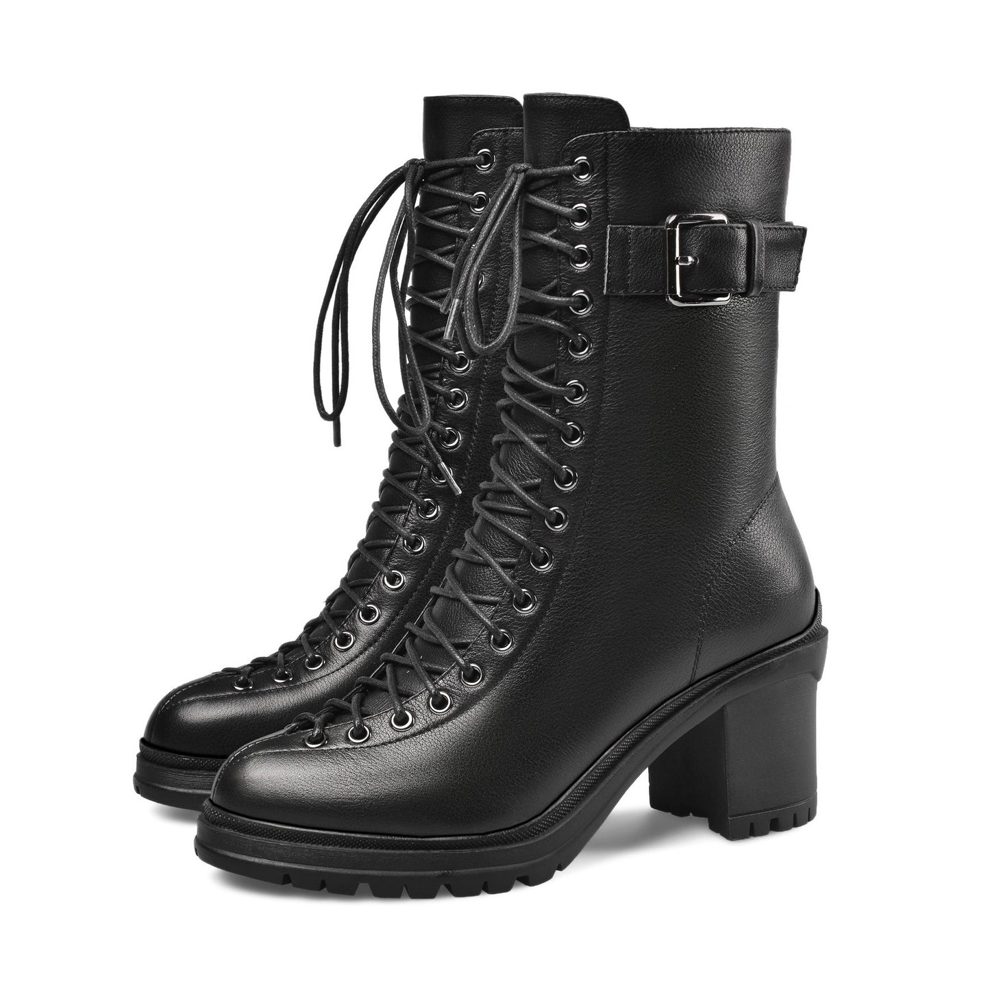 Nine Seven Women's Round Toe Selftie Zip Up Genuine Leather Handmade Chunky Heels Cool Mid-Calf Boots with Buckle