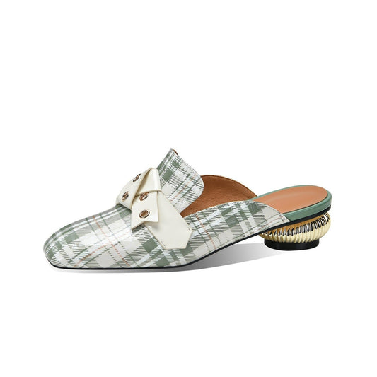 Nine Seven Women's Square Toe Plaid Genuine Leather Handmade Buckle Decor Stylish Low Heel Sandal Slippers