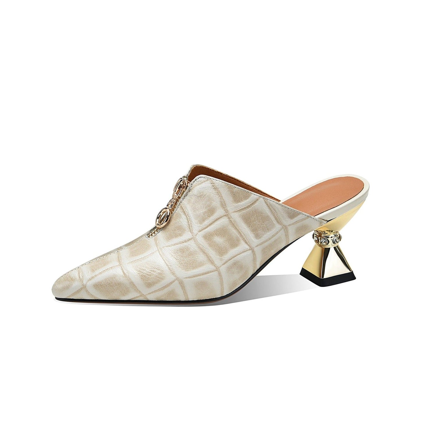 Nine Seven Women's Pointed Toe Plaid Genuine Leather Handmade Front Zipper Mid Chunky Heel Chic Slippers