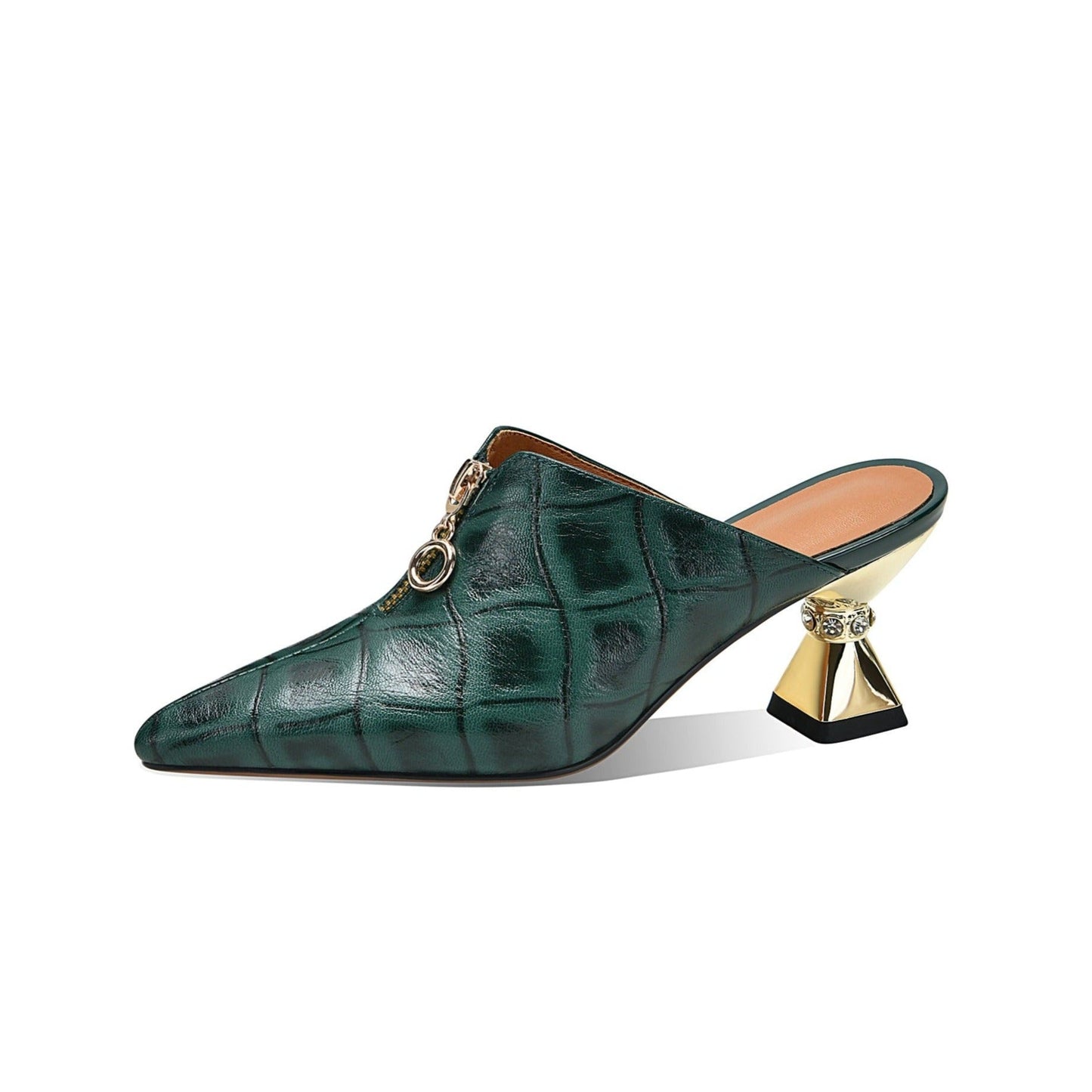 Nine Seven Women's Pointed Toe Plaid Genuine Leather Handmade Front Zipper Mid Chunky Heel Chic Slippers