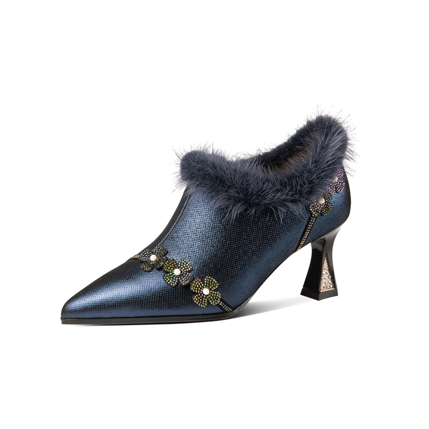 Nine Seven Handmade Women's Genuine Leather Furry Floral Side Zip Pointed Toe Mid Spool Rhinestone Heel Pumps