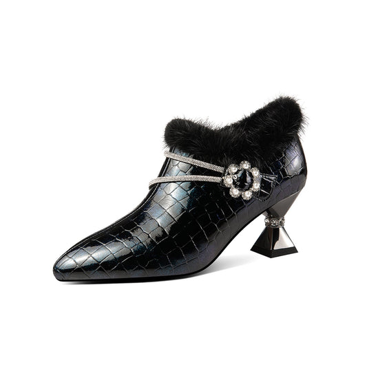 Nine Seven Handmade Women's Patent Leather Furry Rhinestone Floral Side Zip Pointed Toe Mid Spool Heel Pumps