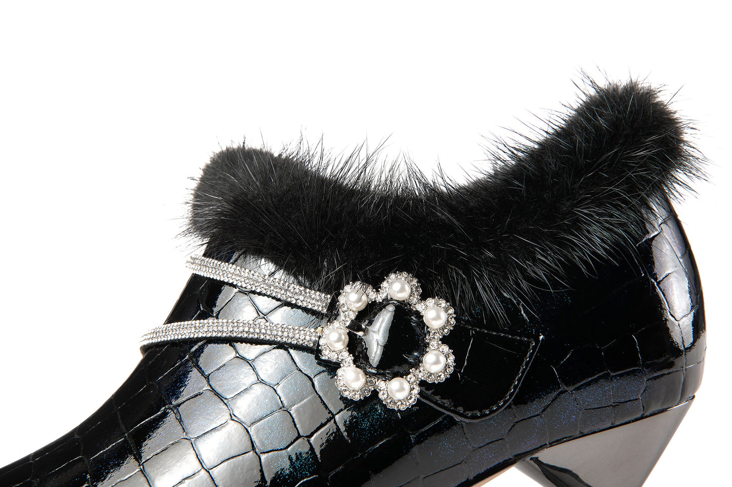 Nine Seven Handmade Women's Patent Leather Furry Rhinestone Floral Side Zip Pointed Toe Mid Spool Heel Pumps