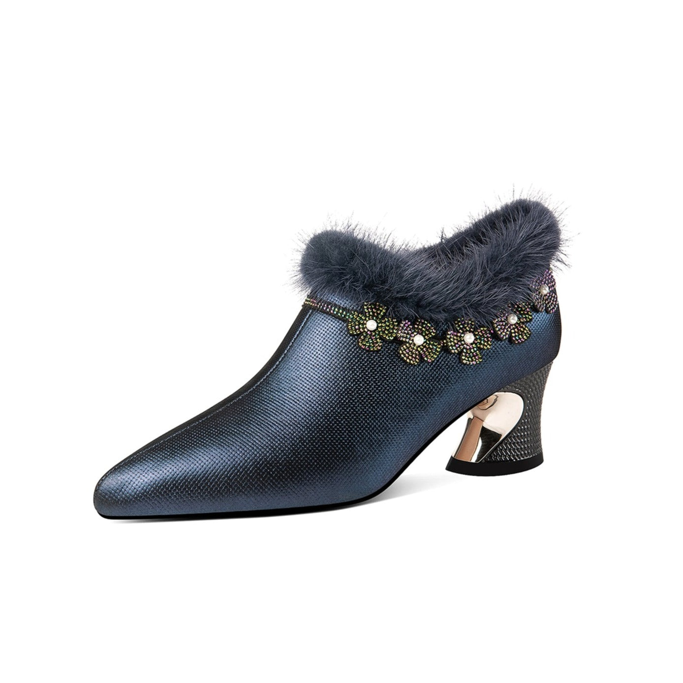 Nine Seven Handmade Women's Genuine Leather Furry Rhinestone Floral Side Zip Pointed Toe Mid Chunky Heel Pumps