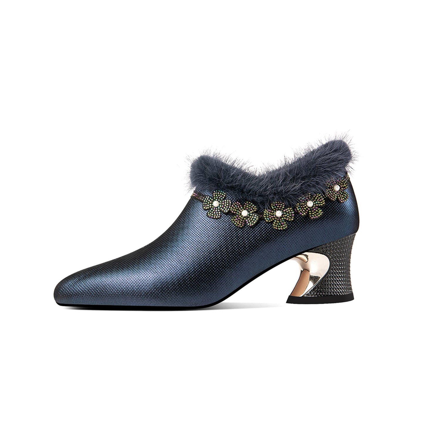 Nine Seven Handmade Women's Genuine Leather Furry Rhinestone Floral Side Zip Pointed Toe Mid Chunky Heel Pumps