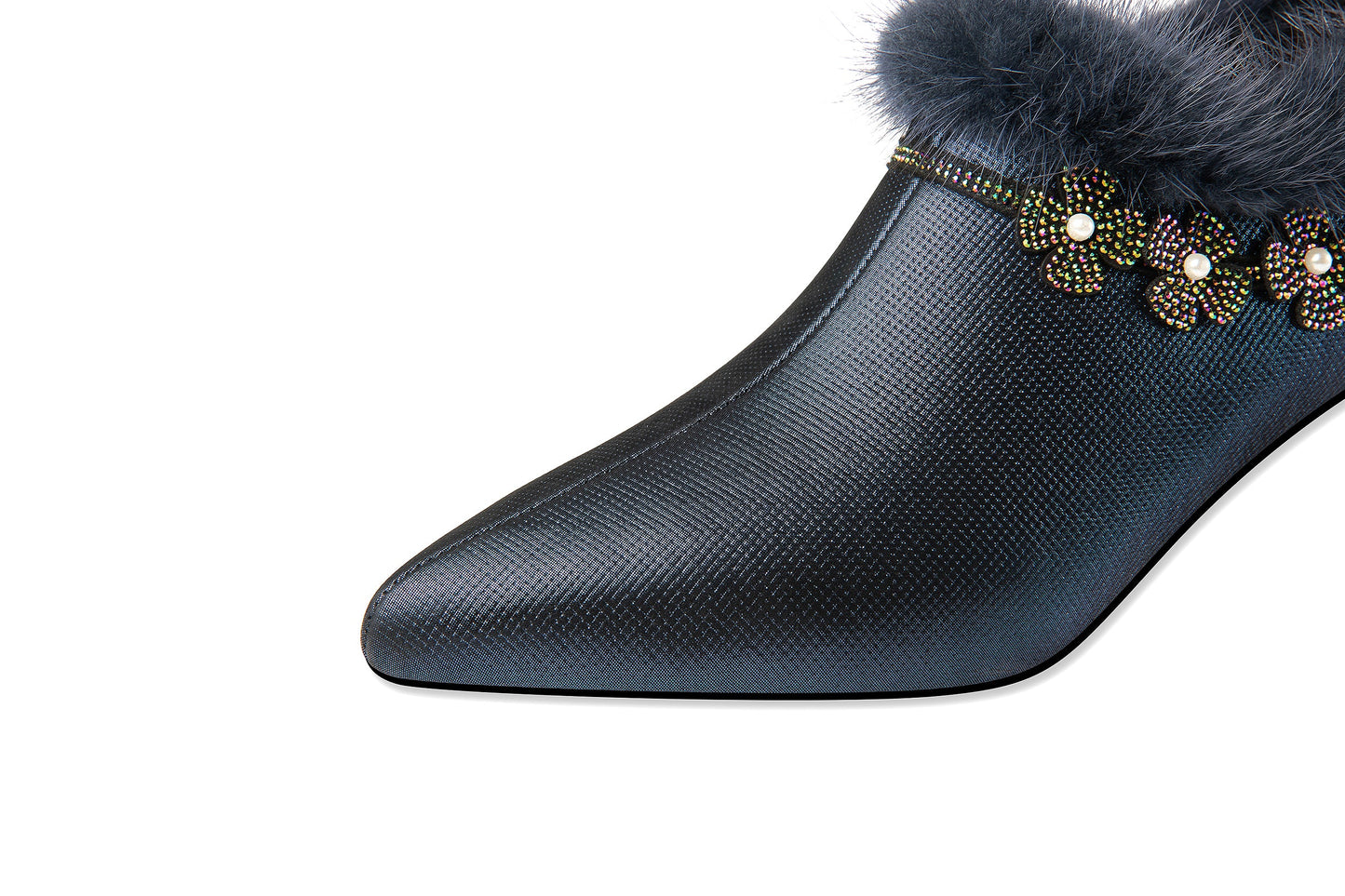 Nine Seven Handmade Women's Genuine Leather Furry Rhinestone Floral Side Zip Pointed Toe Mid Chunky Heel Pumps