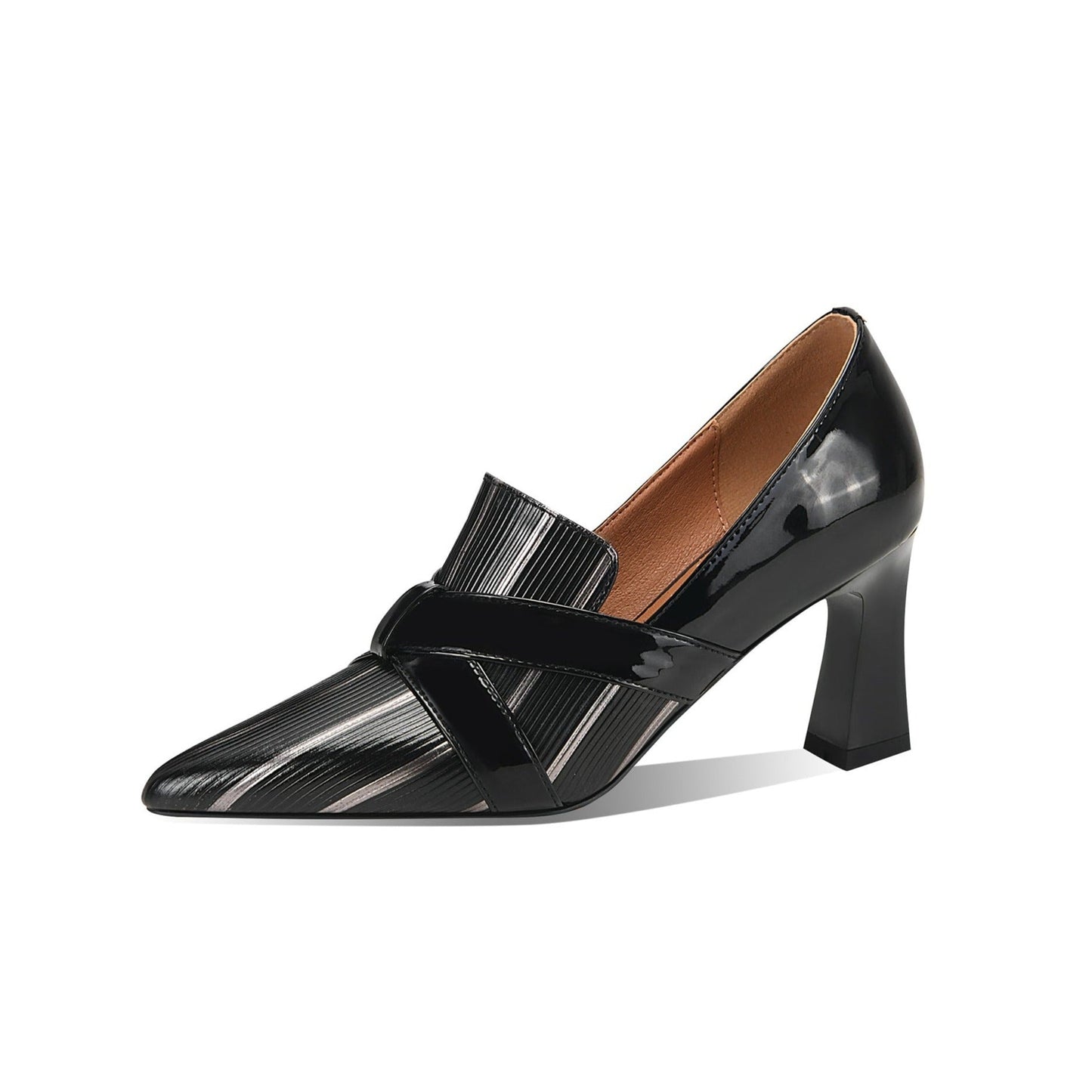 Nine Seven Glossy Genuine/Patent Leather Pointed Toe Handmade Chunky Heels Graceful Women's Dress Pumps