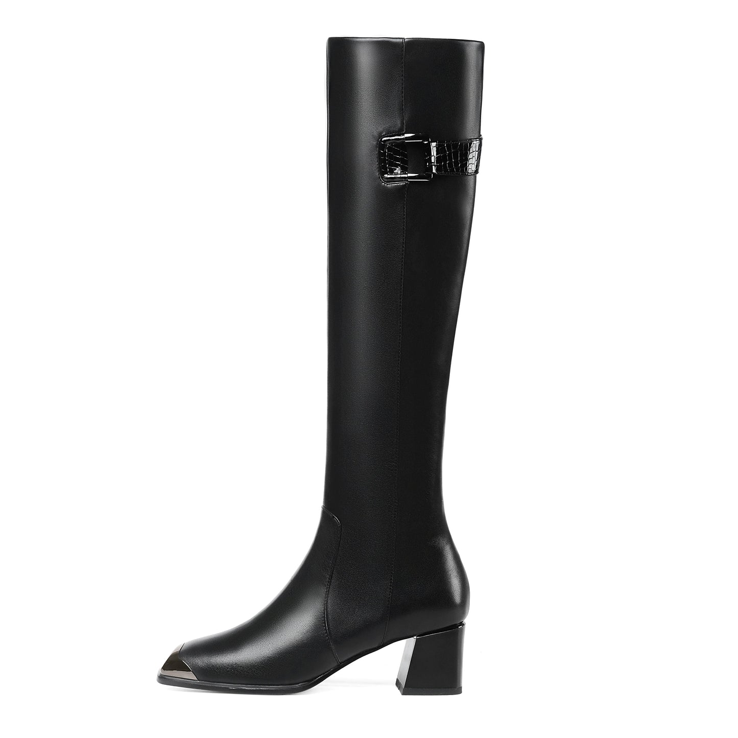 Nine Seven Handmade Women's Genuine Leather Square Toe Mid Chunky Heel Side Zip Up Black Knee High Boots with Buckle Decor