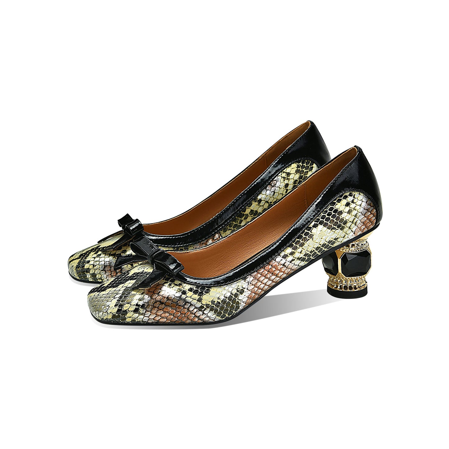 Nine Seven Handmade Women's Genuine Leather Snakeskin Assorted Color Slip On Square Toe Mid Cone Heel Pumps Shoes