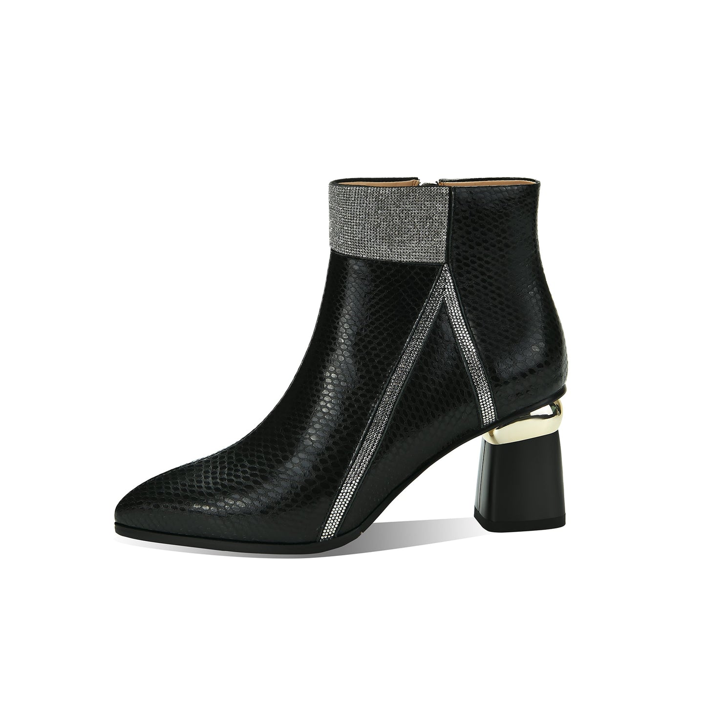 Nine Seven Handmade Women's Genuine Leather Printed Glossy Side Zipper Pointed Toe Mid Chunky Heel Ankle Boots