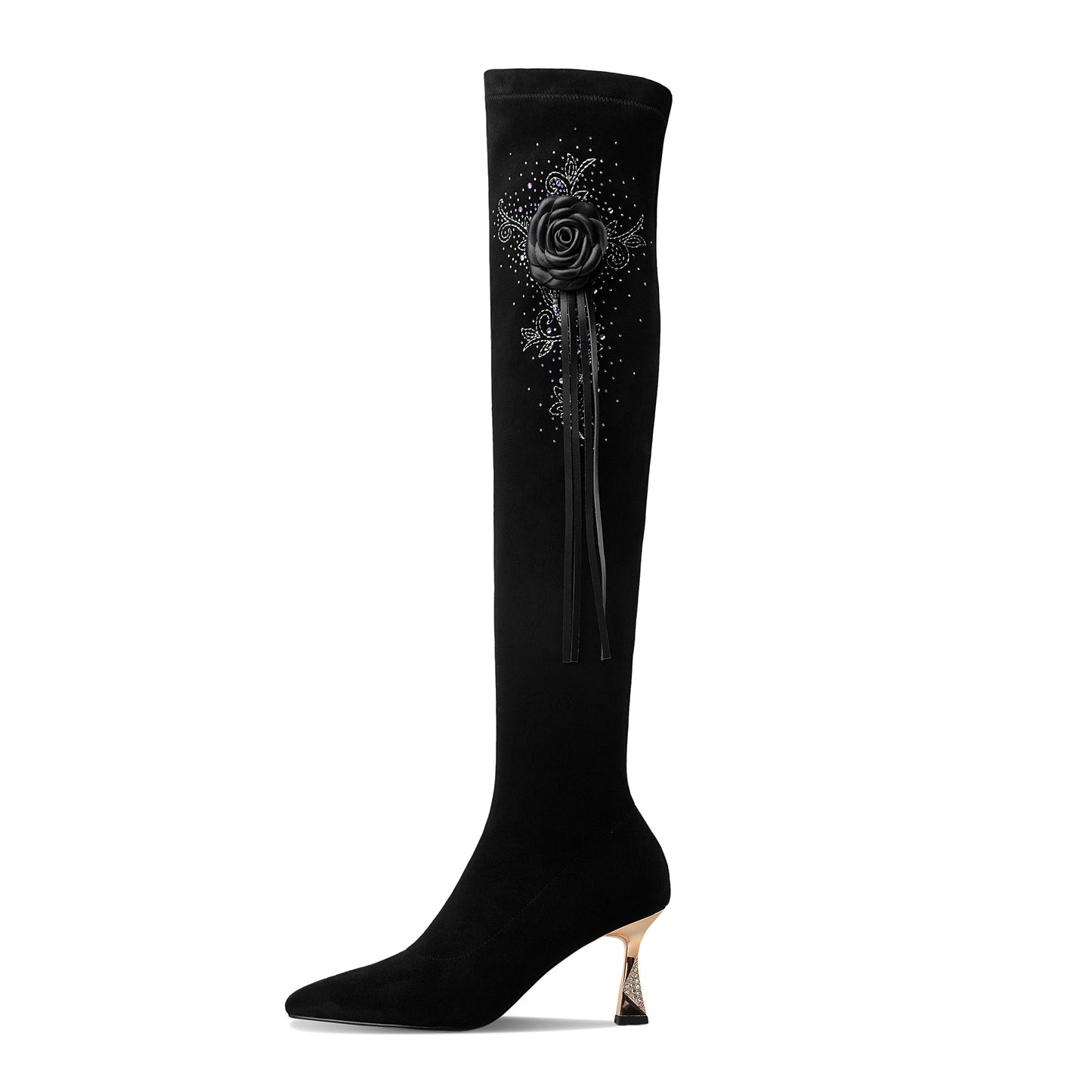 Nine Seven Women's Handmade Suede Leather Pointed Toe Sexy High Heel Stretch Slip On Black Over the Knee High Boots with Floral Tassel
