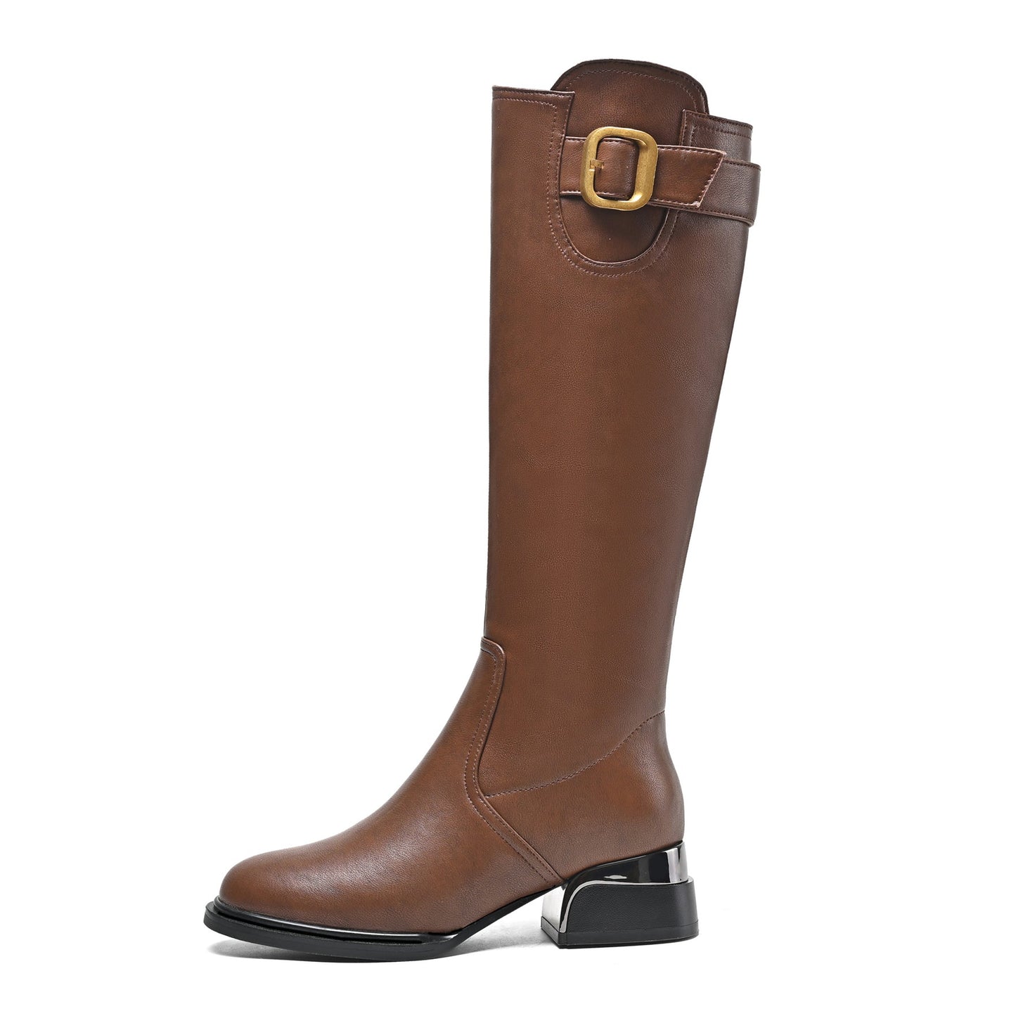 Nine Seven Women's Round Toe Genuine Leather Handmade Side Zipper Low Chunky Heels Casual Knee High Boots with Buckle