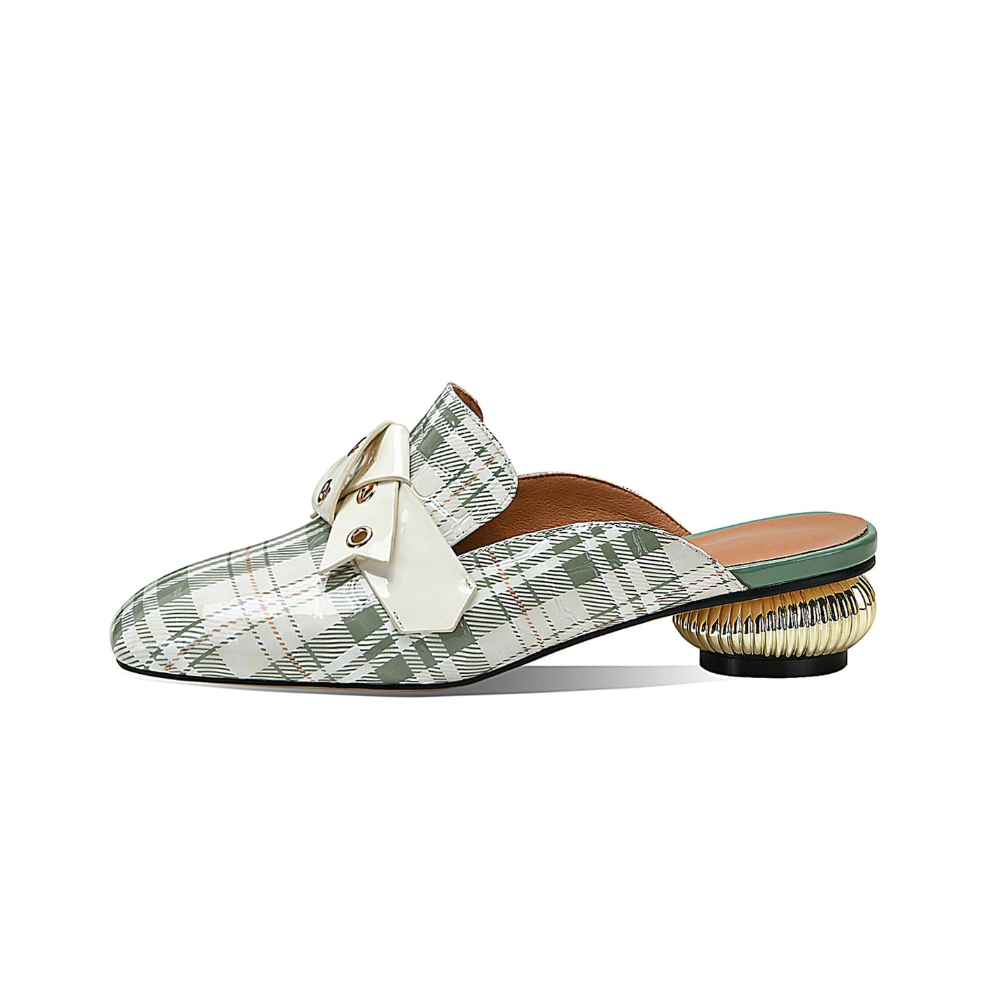 Nine Seven Women's Square Toe Plaid Genuine Leather Handmade Buckle Decor Stylish Low Heel Sandal Slippers