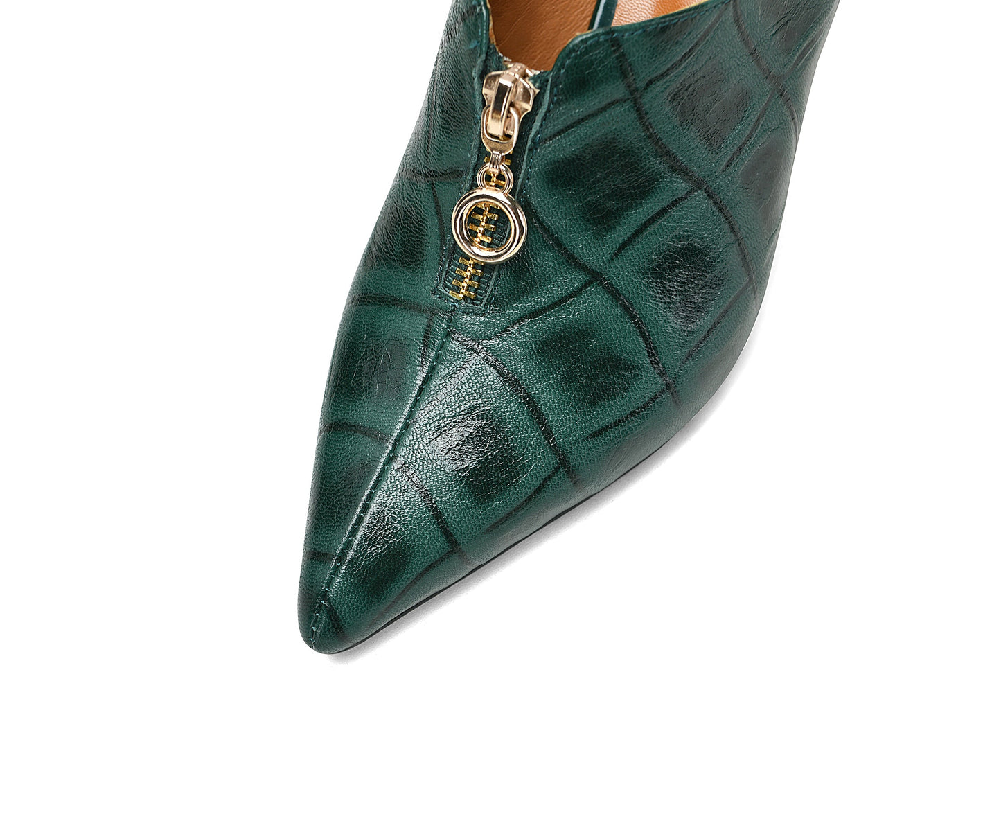 Nine Seven Women's Pointed Toe Plaid Genuine Leather Handmade Front Zipper Mid Chunky Heel Chic Slippers