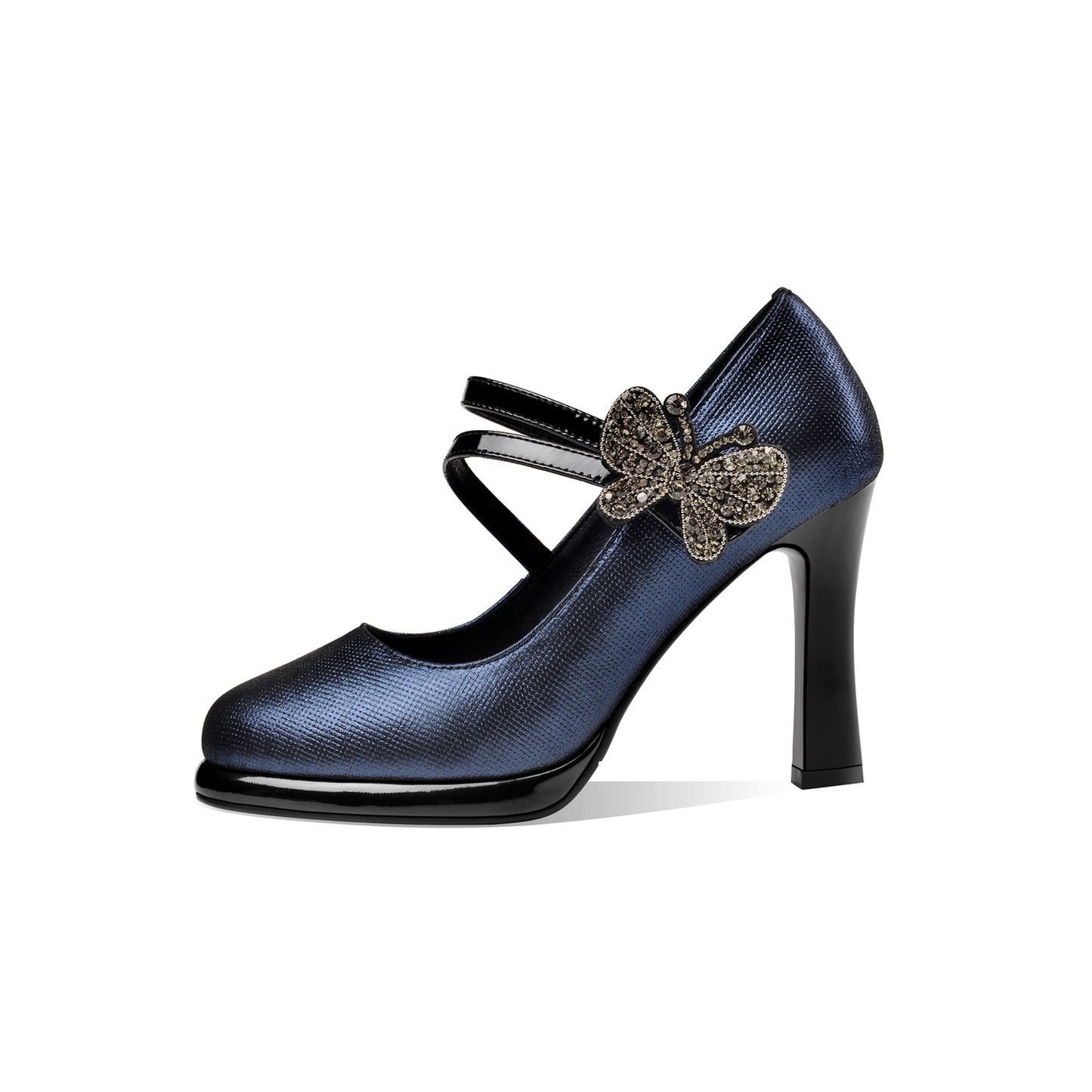 Nine Seven Women's Leather Handmade Round Toe Belts High Heel Pumps with Butterfly Décor