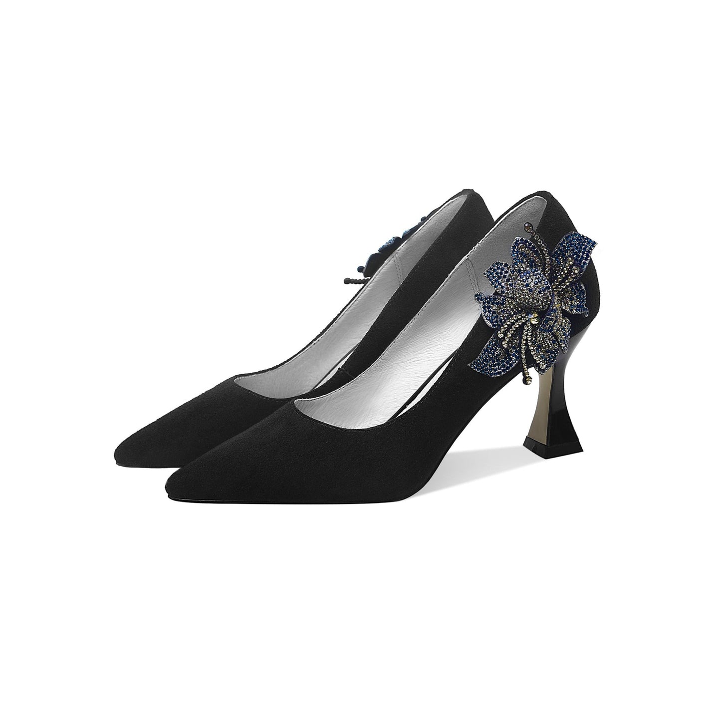 Nine Seven Women's Suede Leather Handmade Clear Pointed Toe Glitter Blue Flower Decor Slip On High Spool Heel Pump Shoes