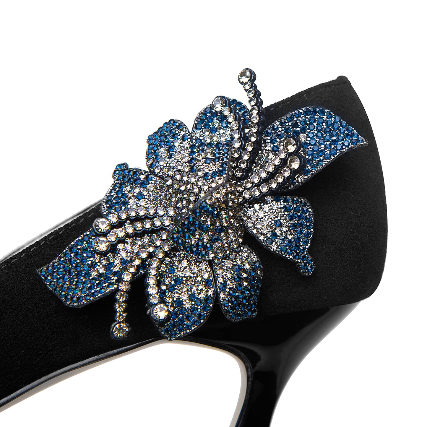 Nine Seven Women's Suede Leather Handmade Clear Pointed Toe Glitter Blue Flower Decor Slip On High Spool Heel Pump Shoes