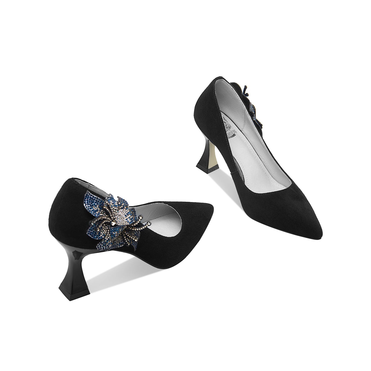 Nine Seven Women's Suede Leather Handmade Clear Pointed Toe Glitter Blue Flower Decor Slip On High Spool Heel Pump Shoes