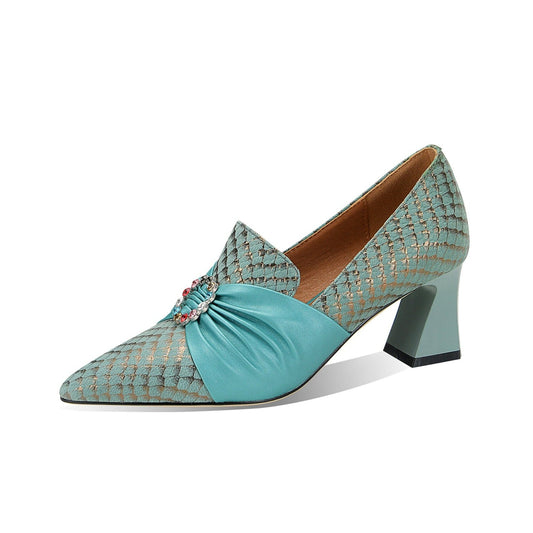 Nine Seven Women's Pointed Toe Genuine Leather Handmade Mid Chunky Heels Graceful Pumps Shoes