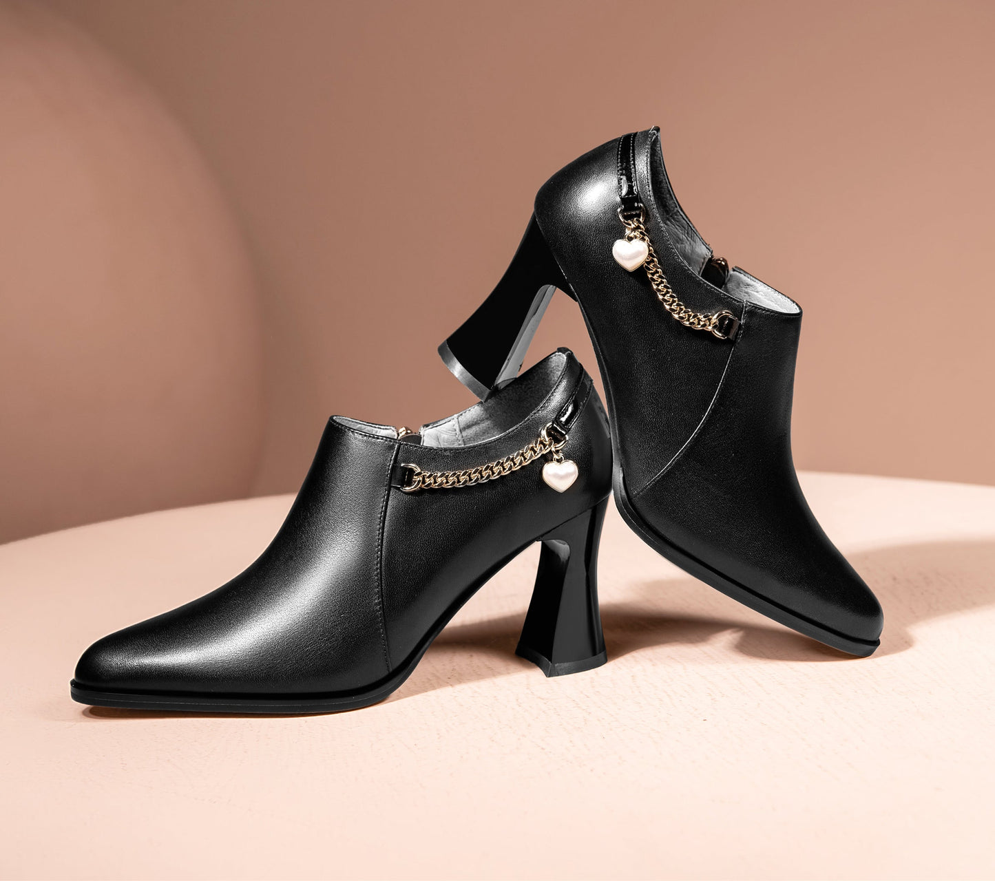 Nine Seven Women's Genuine Leather Handmade Spool Heel Pointed Toe Side Zip Elegant Oxford Pumps with Exquisite Heart Pendant