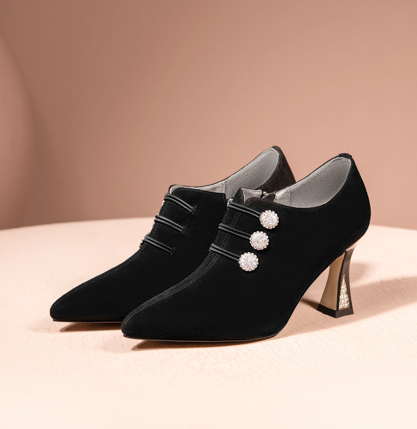 Nine Seven Women's Suede Leather Handmade Sexy Spool Heel Pointed Toe Side Zip Up Oxford Dress Pumps with Glitter Rhinestone