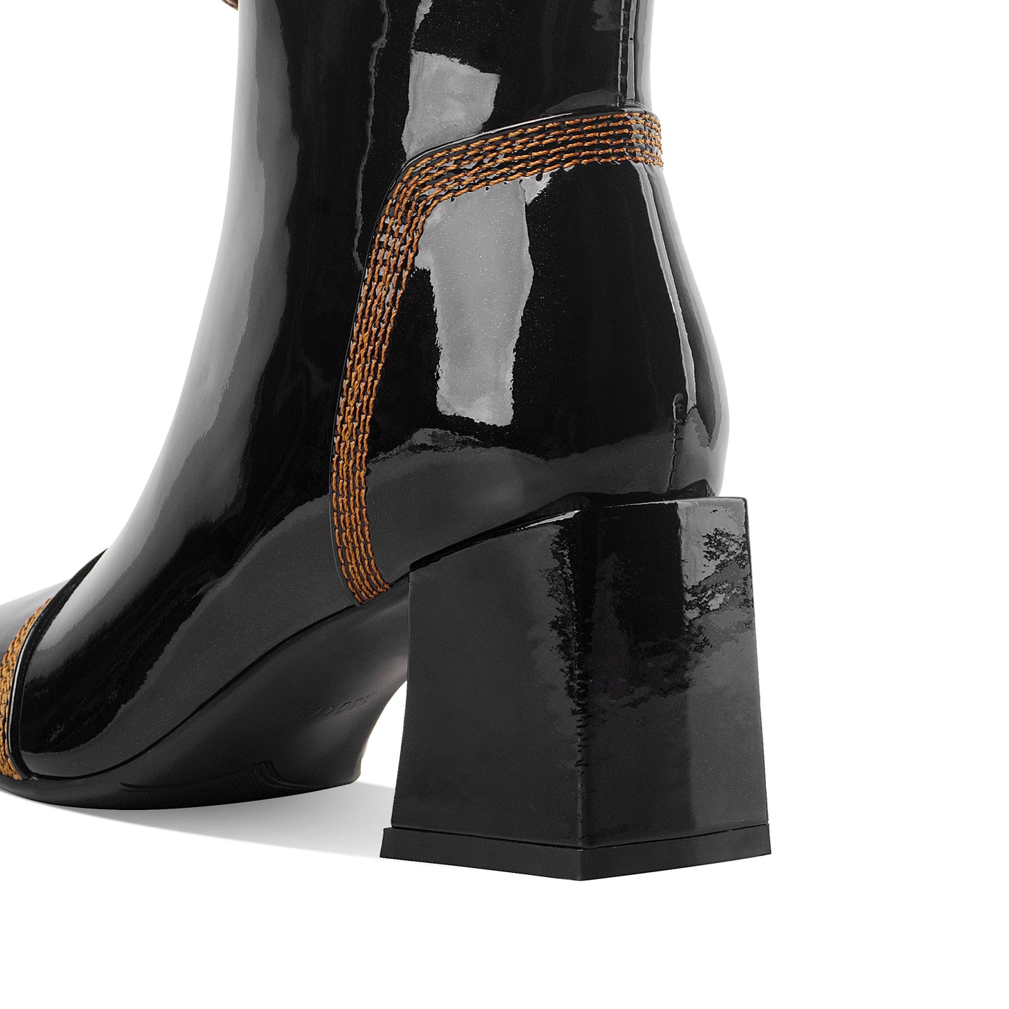 Nine Seven Women's Patent Leather Square Toe Handmade Front Zipper Mid Chunky Heels Trendy Ankle Boots