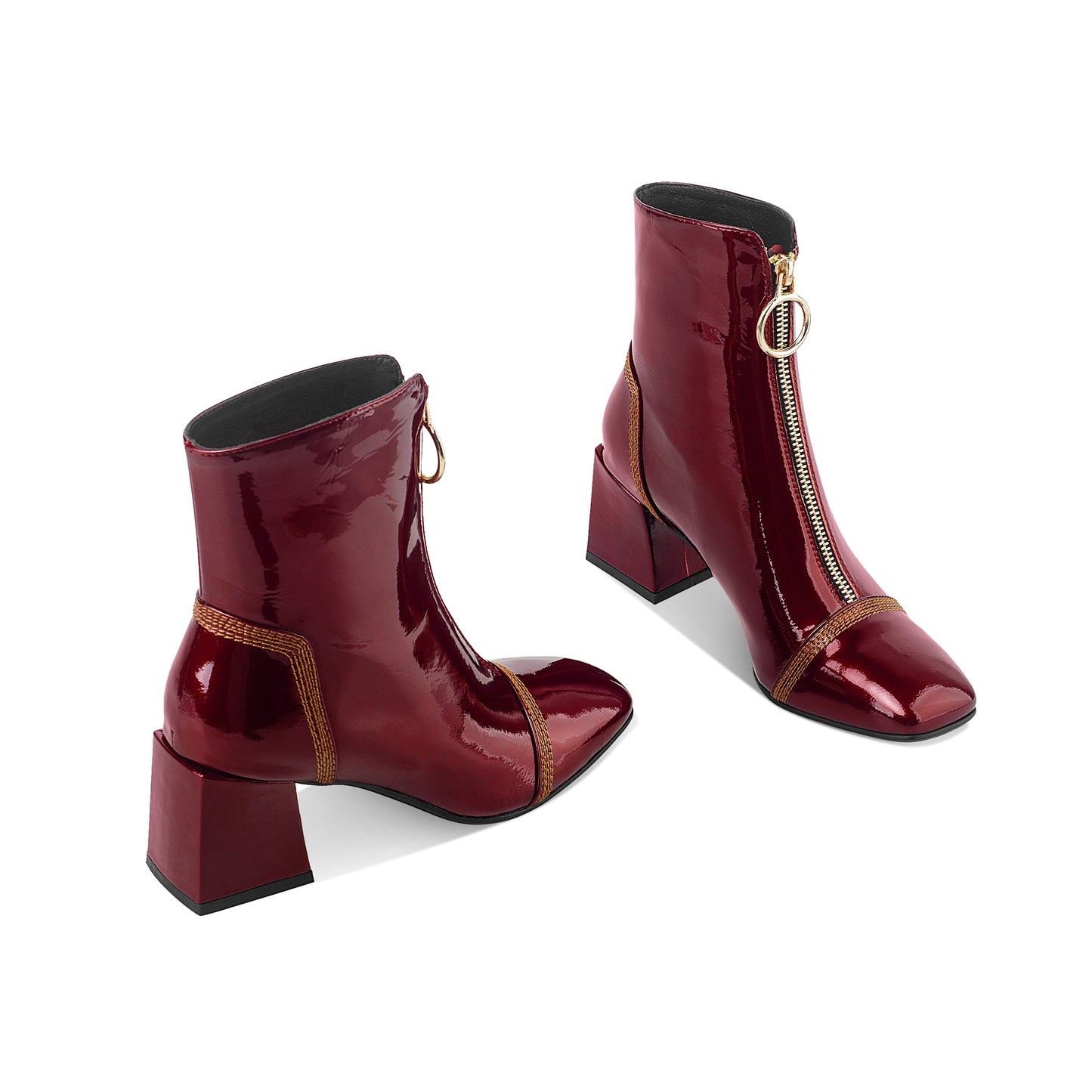 Nine Seven Women's Patent Leather Square Toe Handmade Front Zipper Mid Chunky Heels Trendy Ankle Boots