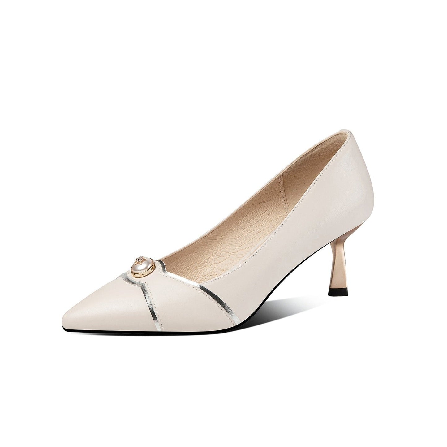 Nine Seven Women's Handmade Genuine Leather Pointed Toe Sexy Metal Kitten Heel Pumps with Glitter Star Pearl