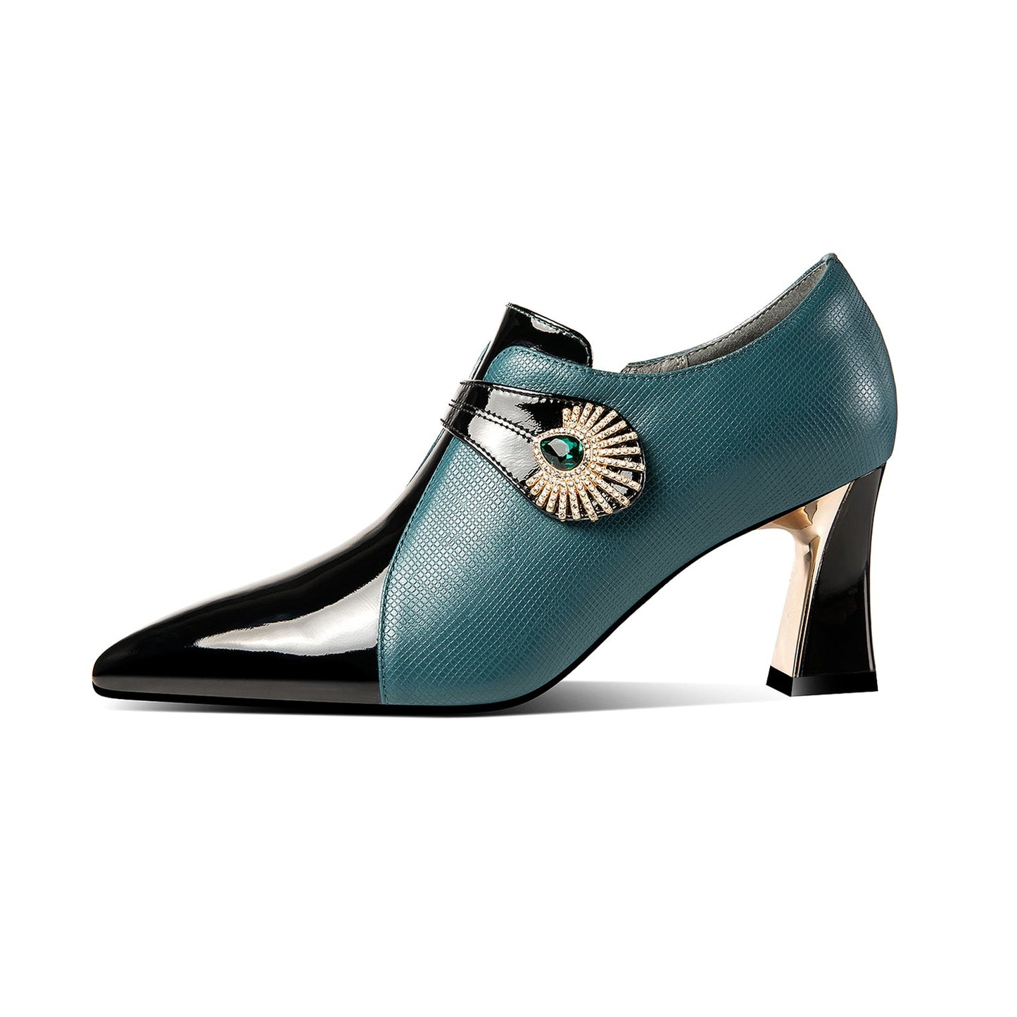 Nine Seven Women's Patent and Genuine Leather Handmade Pointed Toe Spool Heel Green Crystal Side Zip Oxford Pumps