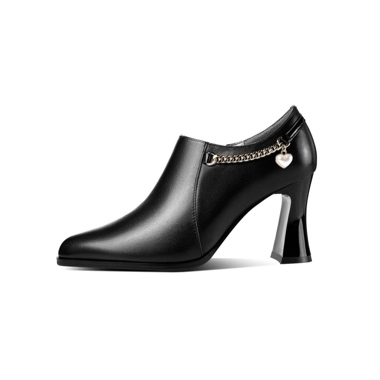 Nine Seven Women's Genuine Leather Handmade Spool Heel Pointed Toe Side Zip Elegant Oxford Pumps with Exquisite Heart Pendant