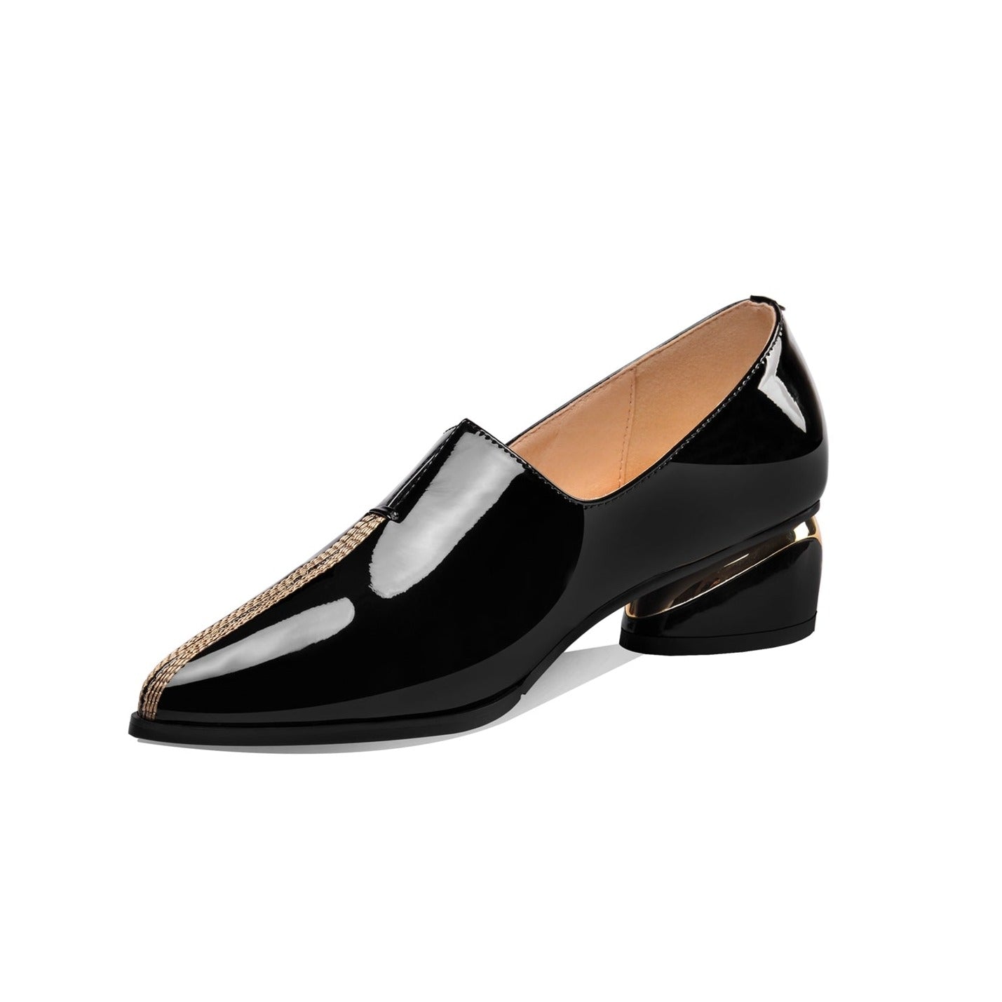 Nine Seven Women's Patent Leather Pointed Toe Handmade Stitches Low Chunky Heels Stylish Loafer Shoes