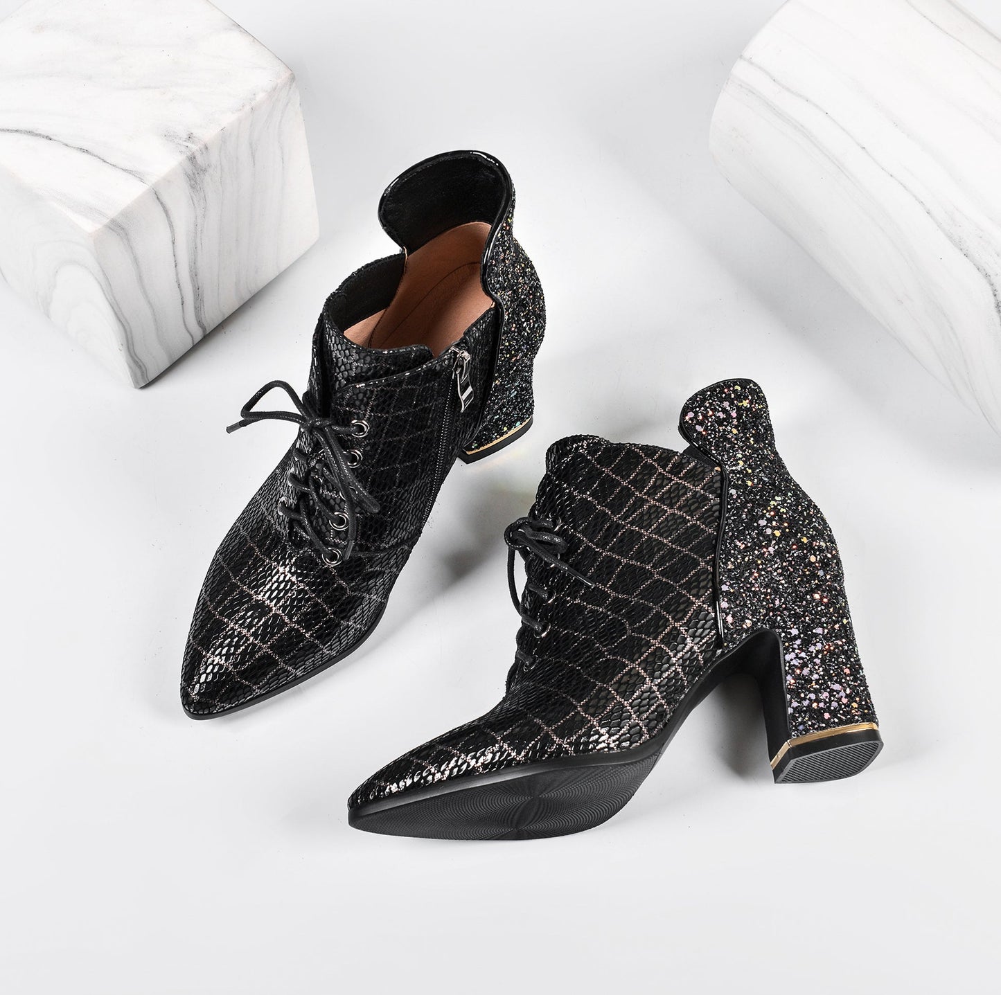 Nine Seven Genuine Leather Pointed Toe Handmade Lace Up Side Zipper Chunky Heels Stylish Booties