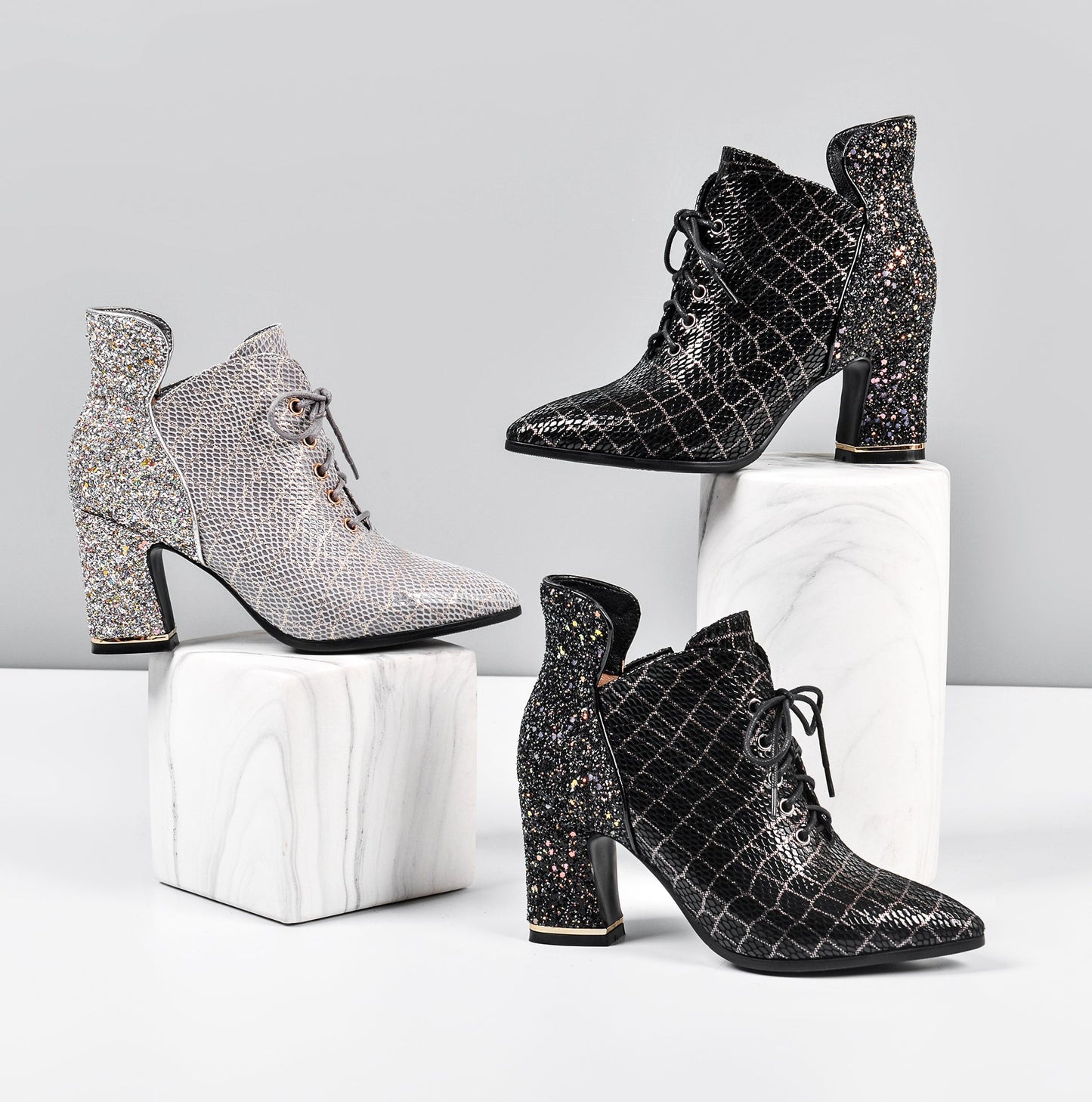 Nine Seven Genuine Leather Pointed Toe Handmade Lace Up Side Zipper Chunky Heels Stylish Booties