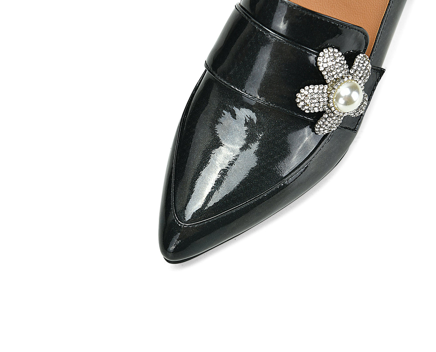 Nine Seven Handmade Women's Patent Leather Pearl Rhinestones Floral Slip On Pointed Toe Mid Chunky Heel Loafer Shoes