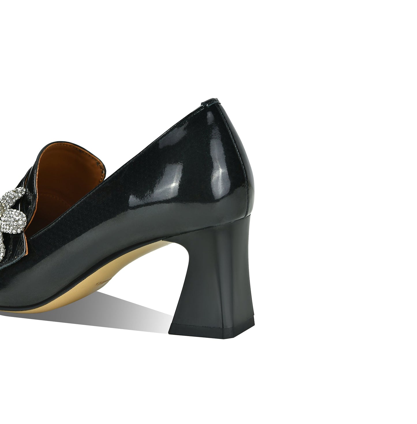 Nine Seven Handmade Women's Patent Leather Pearl Rhinestones Floral Slip On Pointed Toe Mid Chunky Heel Loafer Shoes