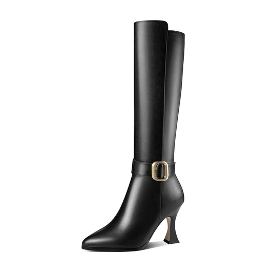 Nine Seven Handmade Women's Genuine Leather High Heel Side Zip Up Belt Decor Pointed Toe Black Knee-High Boots
