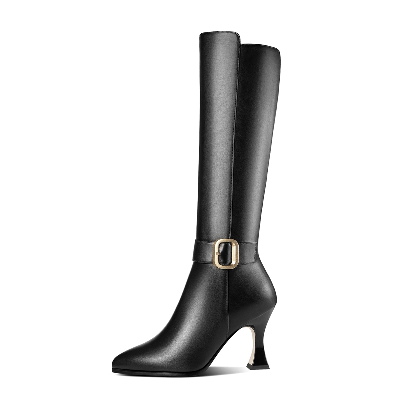 Nine Seven Handmade Women's Genuine Leather High Heel Side Zip Up Belt Decor Pointed Toe Black Knee-High Boots