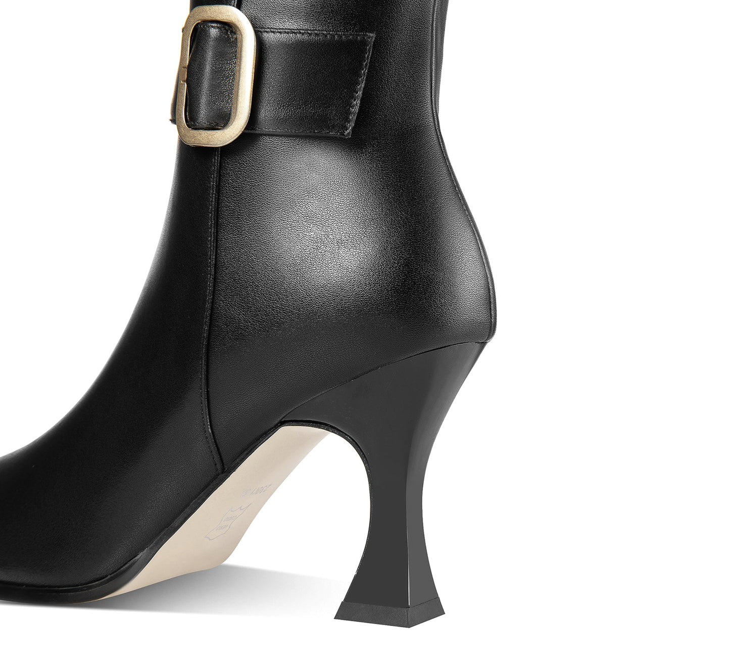 Nine Seven Handmade Women's Genuine Leather High Heel Side Zip Up Belt Decor Pointed Toe Black Knee-High Boots