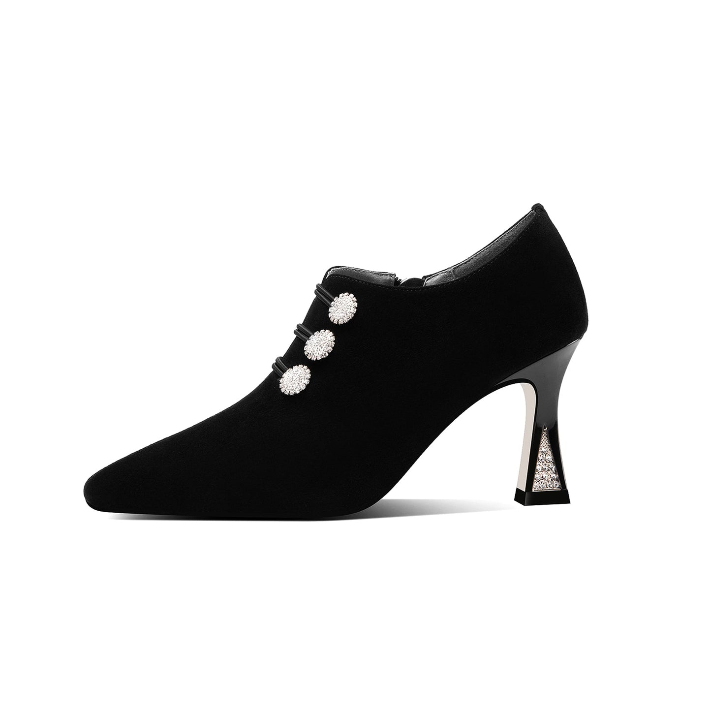 Nine Seven Women's Suede Leather Handmade Sexy Spool Heel Pointed Toe Side Zip Up Oxford Dress Pumps with Glitter Rhinestone