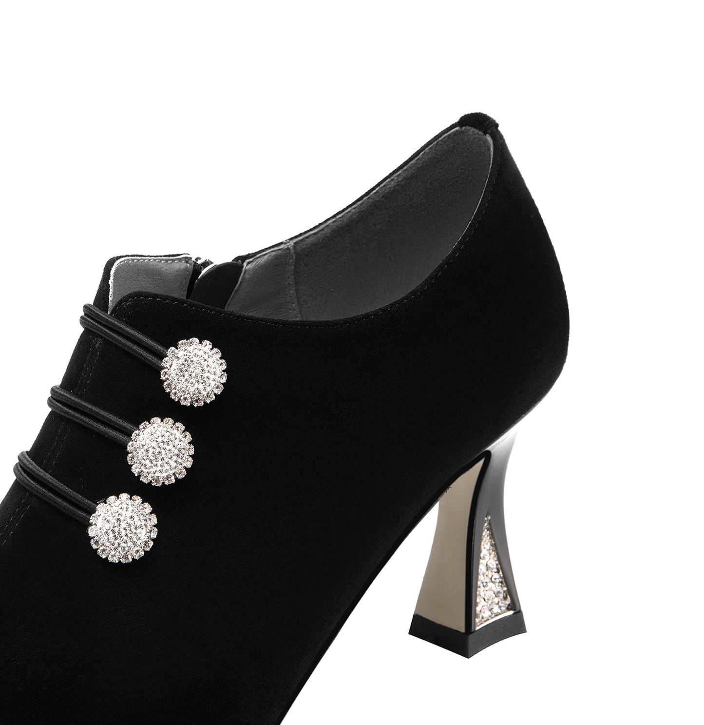 Nine Seven Women's Suede Leather Handmade Sexy Spool Heel Pointed Toe Side Zip Up Oxford Dress Pumps with Glitter Rhinestone