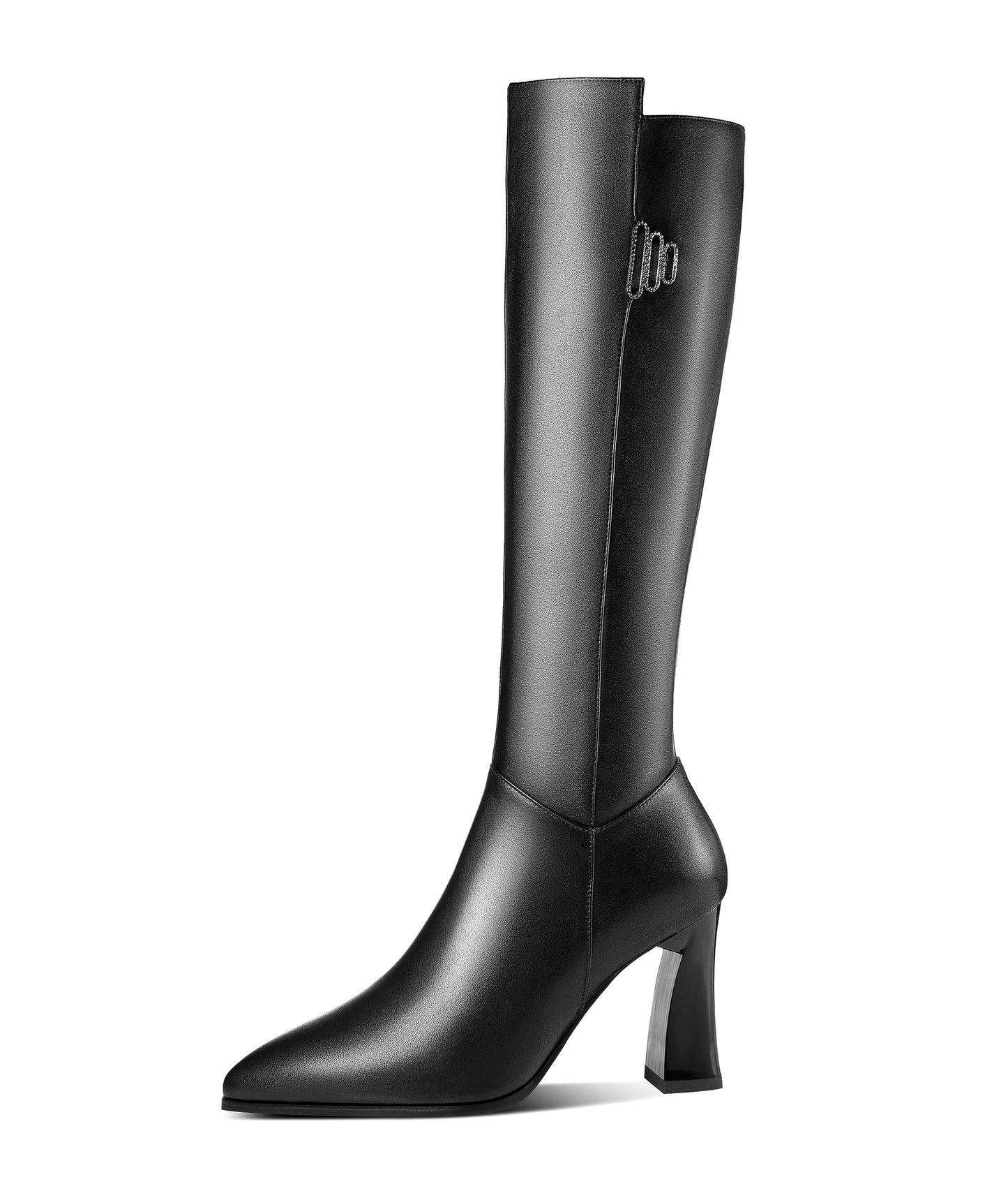 Nine Seven Women's Genuine Leather Handmade Pointed Toe Side Zip Up Knee High Boots with Spool Heel