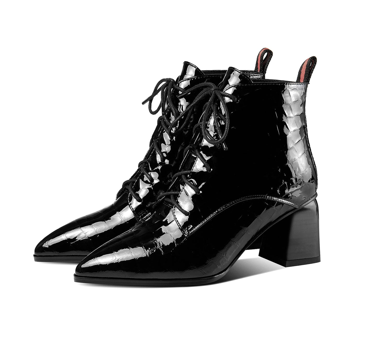 Nine Seven Patent Leather Women's Handmade Pointed Toe Block Heel Lace Up Stylish Ankle Booties