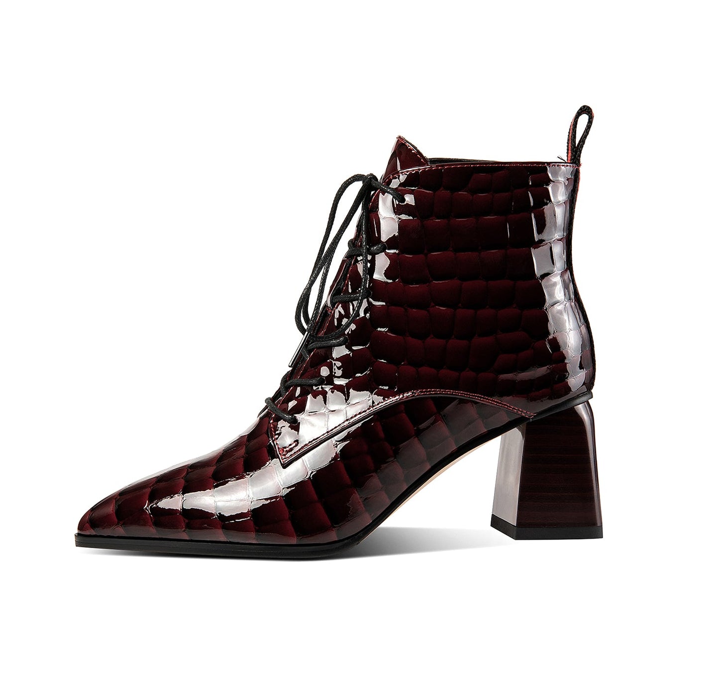 Nine Seven Patent Leather Women's Handmade Pointed Toe Block Heel Lace Up Stylish Ankle Booties