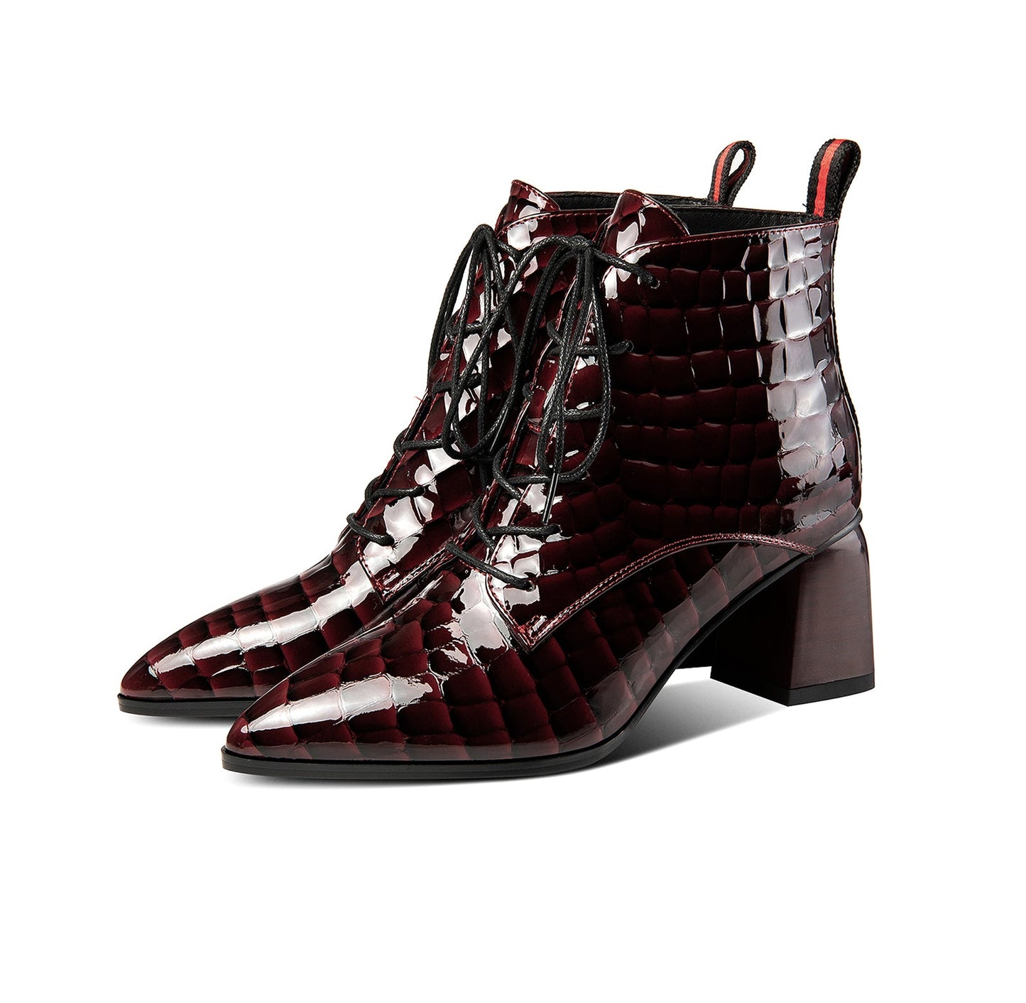 Nine Seven Patent Leather Women's Handmade Pointed Toe Block Heel Lace Up Stylish Ankle Booties