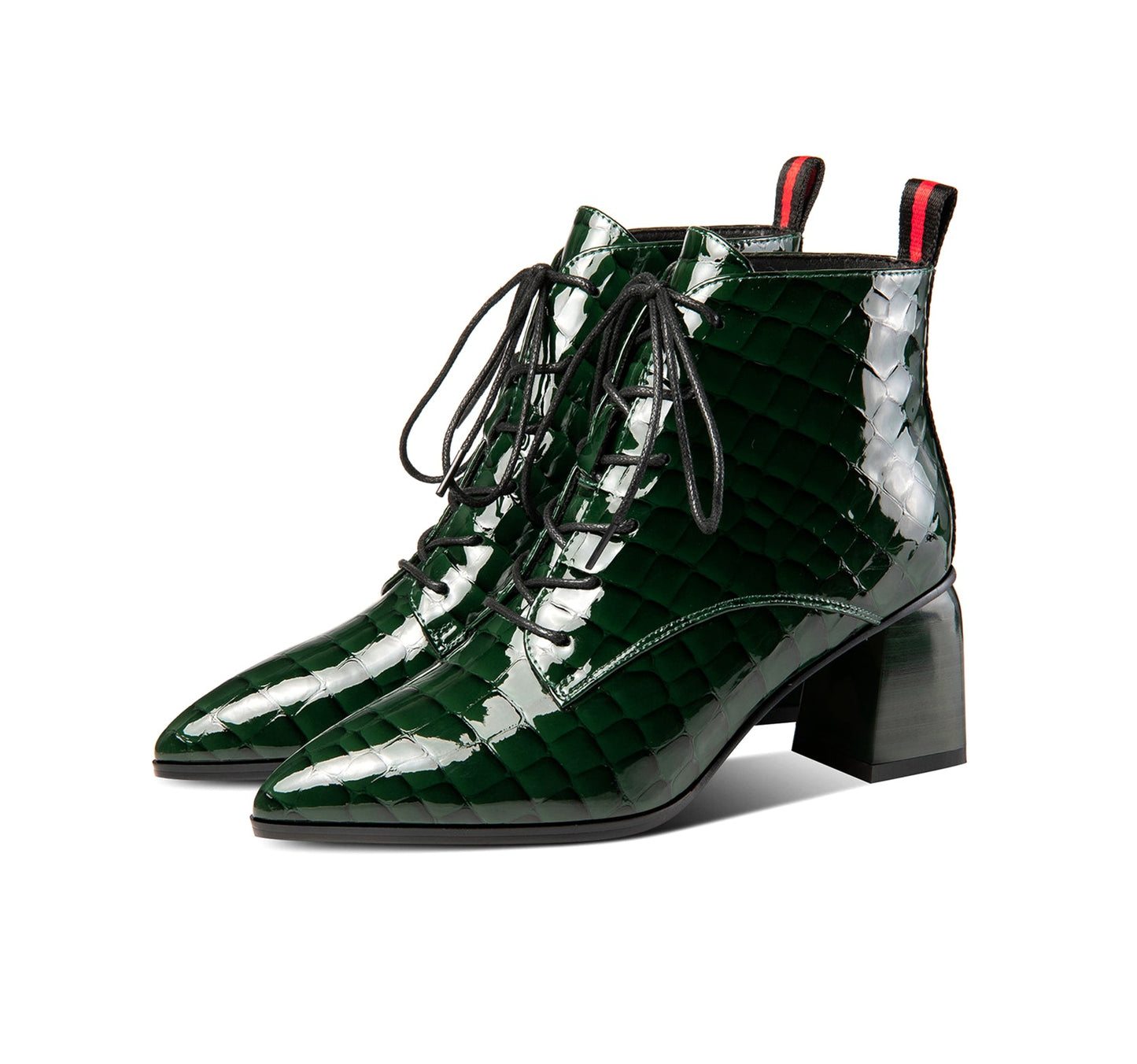 Nine Seven Patent Leather Women's Handmade Pointed Toe Block Heel Lace Up Stylish Ankle Booties