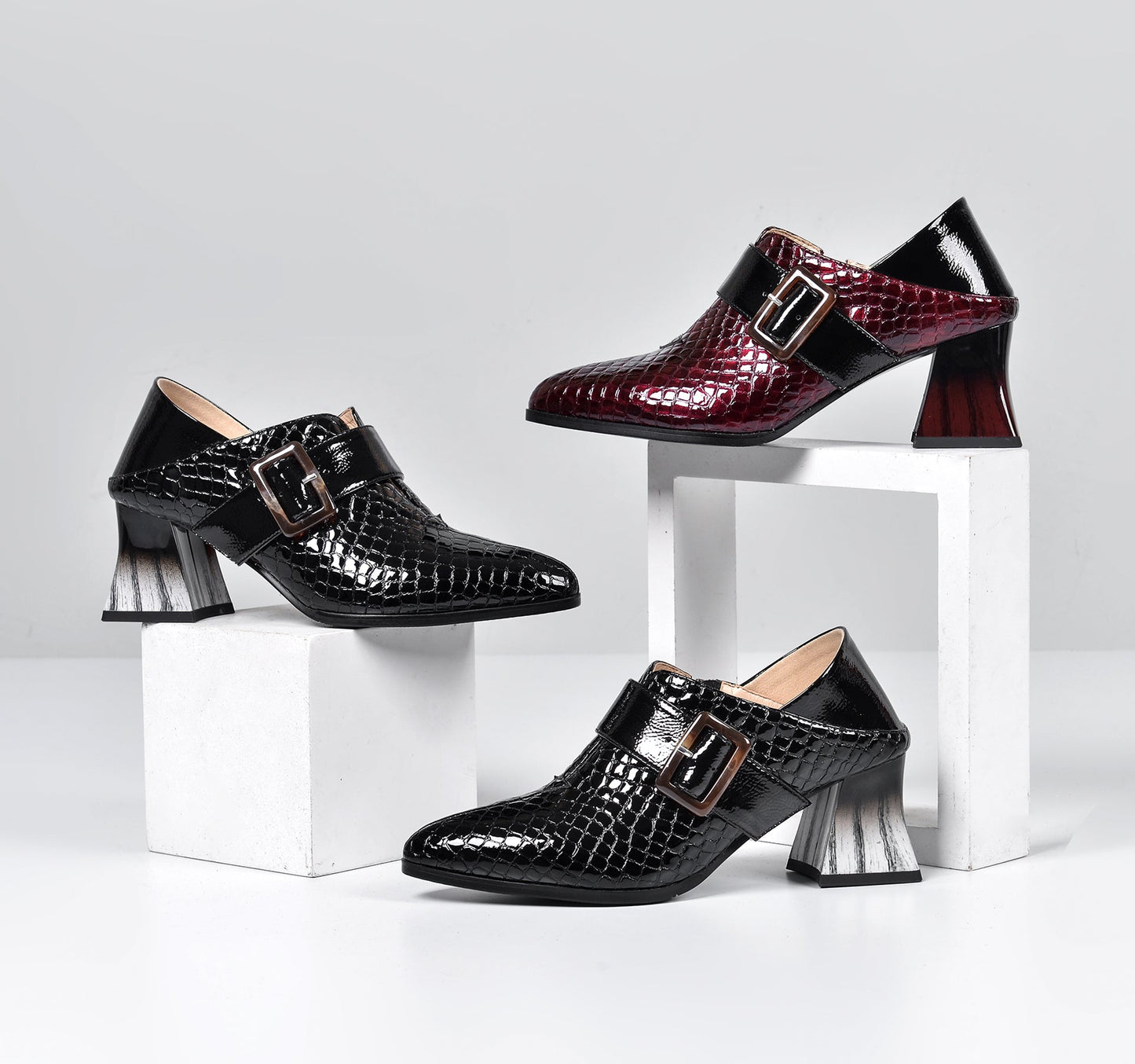 Nine Seven Women's Patent Leather Pointed Toe Handmade Side Zipper Mid Chunky Heels Stylish Pumps with Buckle