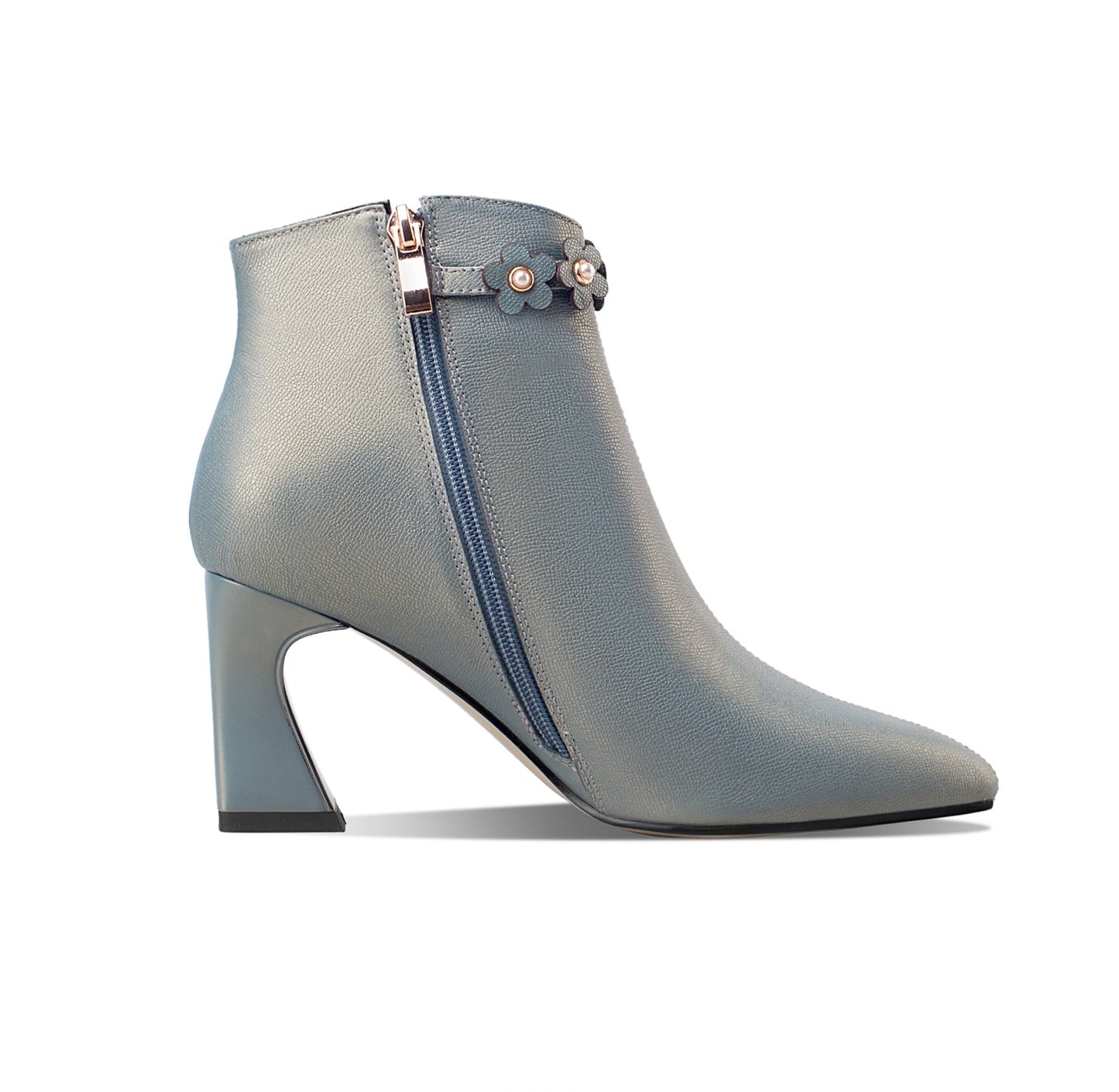 Nine Seven Women's Handmade Genuine Leather Mid Spool Heel Side Zip Up Trendy Ankle Booties with Floral Buckle Decor