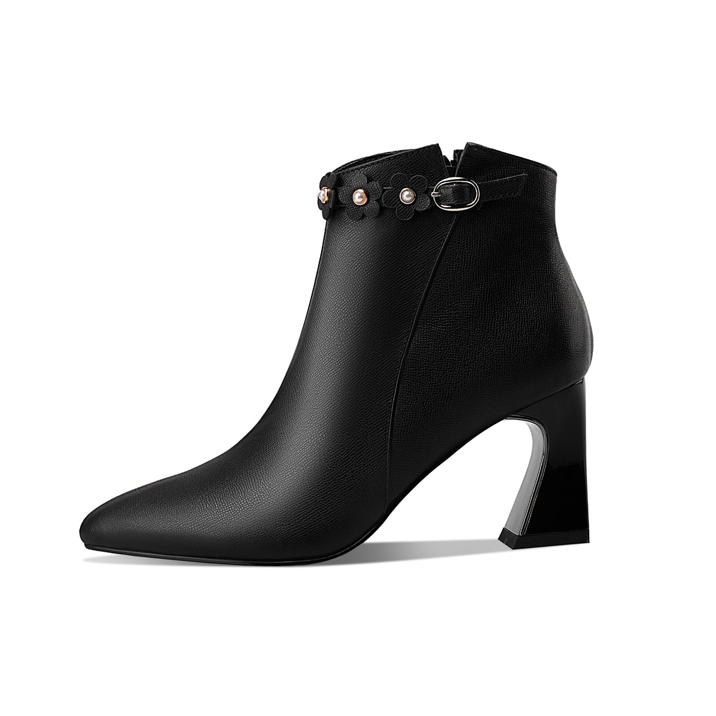 Nine Seven Women's Handmade Genuine Leather Mid Spool Heel Side Zip Up Trendy Ankle Booties with Floral Buckle Decor