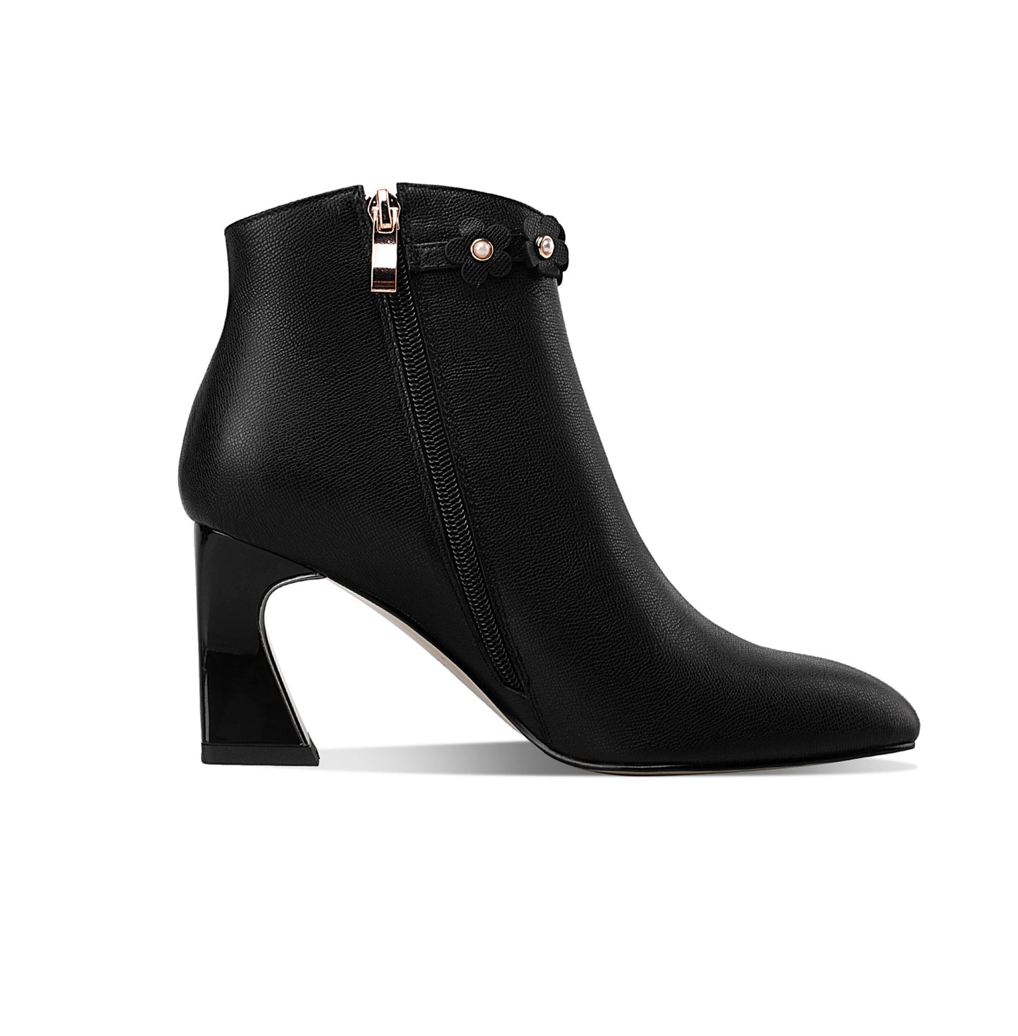 Nine Seven Women's Handmade Genuine Leather Mid Spool Heel Side Zip Up Trendy Ankle Booties with Floral Buckle Decor